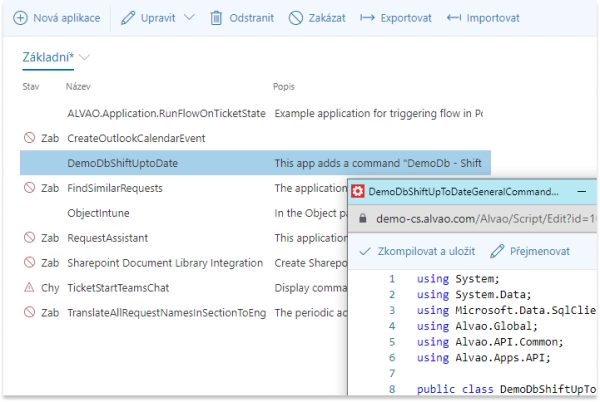 ALVAO Custom Apps formulář a editor