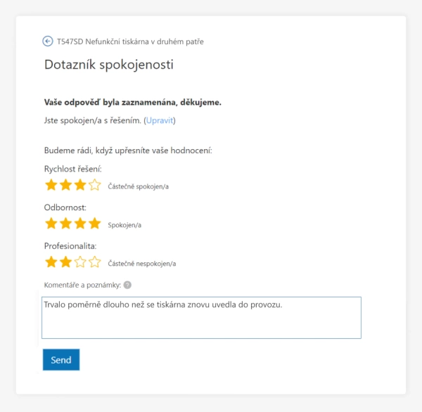 Uživatelé mohou vyhodnotit svou spokojenost pomocí jednoduchého hodnocení v ALVAO