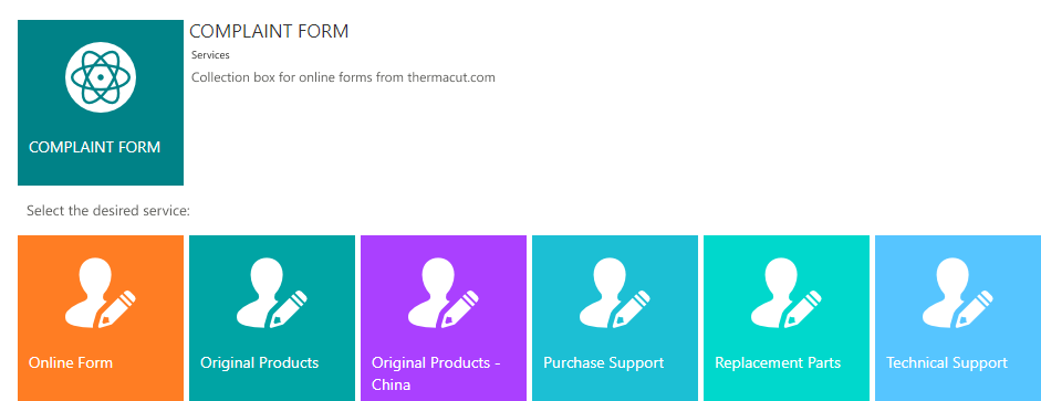Thermacut's service catalogue for Complaint forms in ALVAO Service Desk