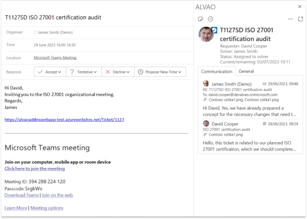 ALVAO for Outlook to create meetings related to the ticket