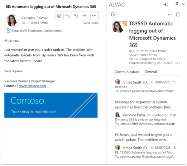 With ALVAO for Outlook, you can see the entire ticket history